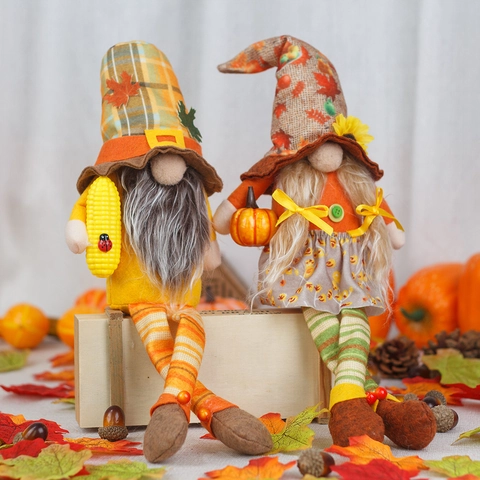 Thanksgiving Autumn Harvest Gnome Plush Decorations Long Legged Faceless Dwarf Doll With Sunflower Maple Leaf Pumpkin Corn For Fall Home Table Ornament