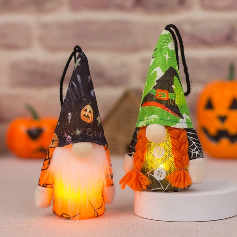 Halloween LED Light Up Gnome Hanging Ornament Faceless Dwarf Plush With Pumpkin Witch Hat Patterns Halloween Party Decor