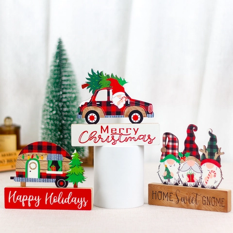 Décoration de Bureau Noël en Bois Carreaux Buffalo Père Noël Nain Camping Car Ornement Joyeux Noël Décor Maison Fête