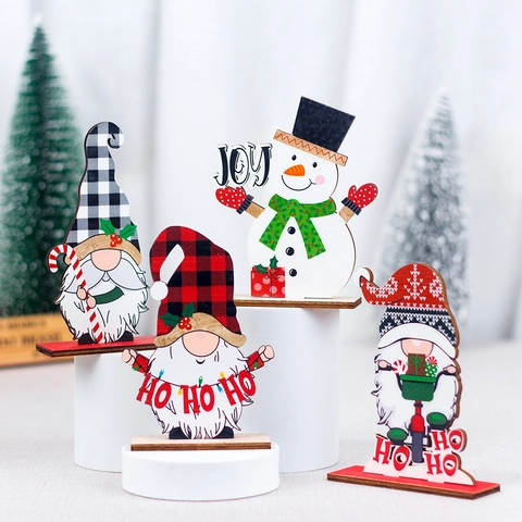 Christmas Wooden Desktop Ornaments Plaid Gnome Snowman DIY Table Decorations HO HO HO JOY Signs For Home Office Party Decor