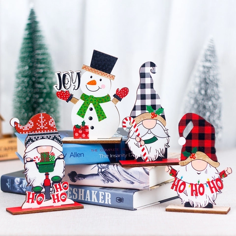 Christmas Wooden Desktop Ornaments Plaid Gnome Snowman DIY Table Decorations HO HO HO JOY Signs For Home Office Party Decor