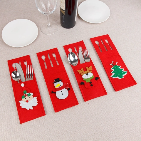 Christmas Felt Cutlery Bag Santa Claus Snowman Elk Tree Pattern Festive Dining Table Decoration Cutlery Holder For Holiday Dinner Party