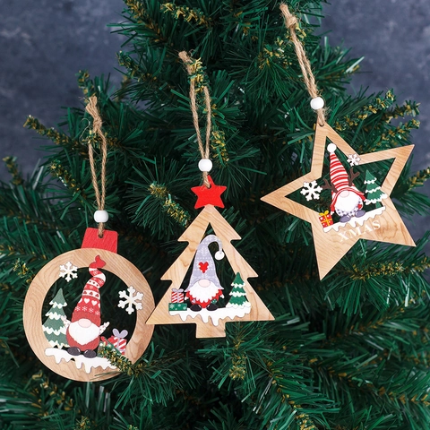 Pendente Natalizio in Legno Stile Nordico Motivo Gnomo Stella Albero Tondo Pendenti per Decorazioni Rustiche Albero Natale