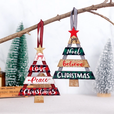 Rustikaler Weihnachtsbaum Anhänger Aus Holz Büffel-Karo Gestufter Holzschild Sternenspitze Joy Peace Noel Weihnachtsdeko
