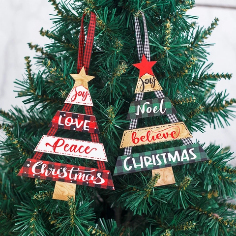 Rustikaler Weihnachtsbaum Anhänger Aus Holz Büffel-Karo Gestufter Holzschild Sternenspitze Joy Peace Noel Weihnachtsdeko
