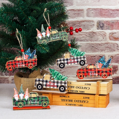Ornements de Noël Camion Plaid en Bois Vintage pour Décoration de Sapin Suspendus et de Table avec Motifs Gnome Sapin Décoration Festive Maison