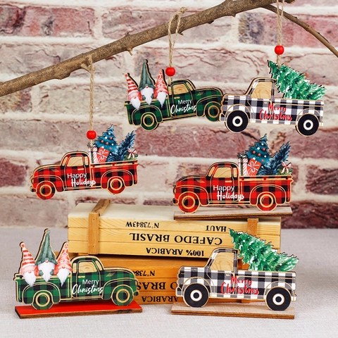 Ornements de Noël Camion Plaid en Bois Vintage pour Décoration de Sapin Suspendus et de Table avec Motifs Gnome Sapin Décoration Festive Maison