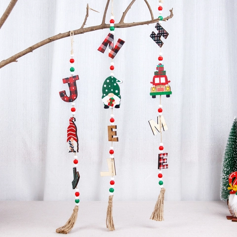 Christmas Wooden Hanging Ornaments Beaded Tassel Garland NOEL JOY HOME Plaid Gnome Red Truck Farmhouse Rustic Holiday Home Decor