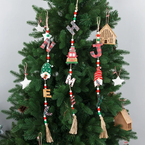 Christmas Wooden Hanging Ornaments Beaded Tassel Garland NOEL JOY HOME Plaid Gnome Red Truck Farmhouse Rustic Holiday Home Decor