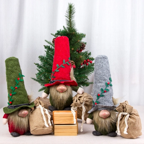 Décorations de Gnome de Noël Nordique Poupée sans Visage en Tissu de Feutre Peluche Tomte Nisse Ornement Avec Sac en Toile de Jute Décor de Baies Feuilles Pour Maison Fête Table Bureau Cadeau