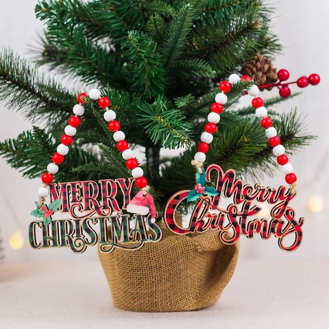 Christmas Wooden Bead Hanging Ornament Rustic Buffalo Plaid Merry Christmas JOY NOEL Truck Gnome Sign Holiday Home Decor