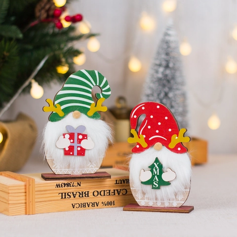 Christmas Wooden Gnomes Tabletop Ornaments With Reindeer Antlers Fur Beard Christmas Tree Gift Box Holiday Home Decor