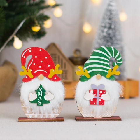 Christmas Wooden Gnomes Tabletop Ornaments With Reindeer Antlers Fur Beard Christmas Tree Gift Box Holiday Home Decor