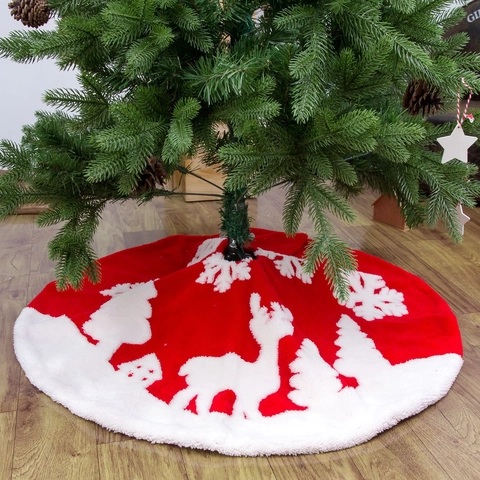 Comfort Fleece Jacquard Christmas Tree Skirt Round Red Mat With Elk Snowflake Patterns For Holiday Home Living Room Decor