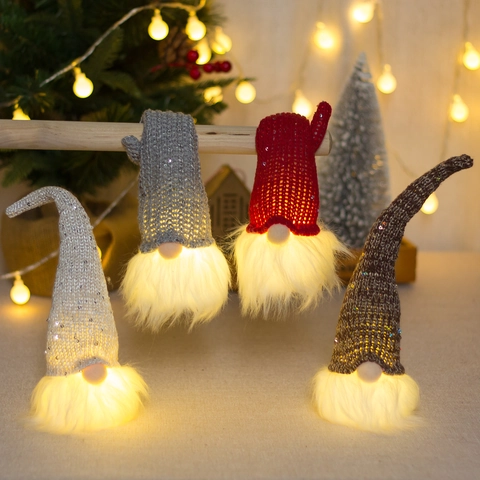 Led Glowing Christmas Gnome Ornament Knitted Sequins Long Beard Tomte Gonk For Holiday Home Party Decoration