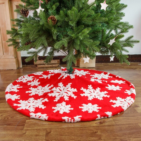 Comfort Fleece Jacquard Christmas Tree Skirt Round Red Mat With Elk Snowflake Patterns For Holiday Home Living Room Decor