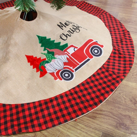 Gonna per Albero di Natale in Iuta Bordo a Quadri Camion Rosso Gnomo Poinsettia Tappetino per Albero di Natale Decorazioni Casa