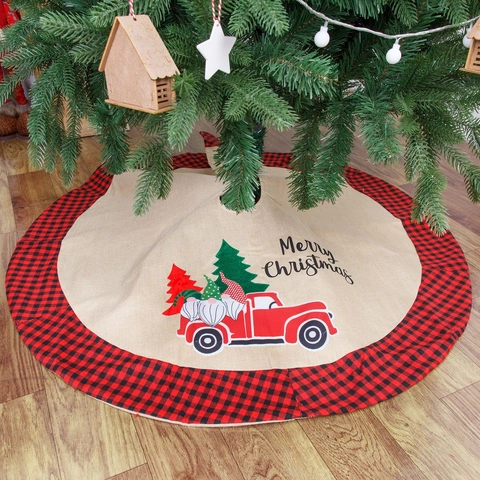 Gonna per Albero di Natale in Iuta Bordo a Quadri Camion Rosso Gnomo Poinsettia Tappetino per Albero di Natale Decorazioni Casa