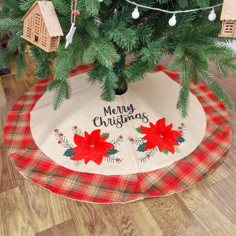 Rustic Burlap Christmas Tree Skirt Red Plaid Border Poinsettia Truck Tree Print Holiday Xmas Tree Base Home Decoration