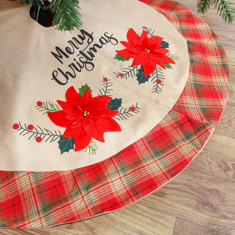 Rustic Burlap Christmas Tree Skirt Red Plaid Border Poinsettia Truck Tree Print Holiday Xmas Tree Base Home Decoration