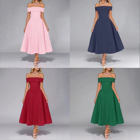 Women Elegant Off-The-Shoulder Solid Color A-Line Midi Dress French Style High Waist Sleeveless Cocktail Party Dress
