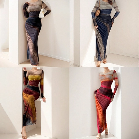 Robe Maxi Élégante Froncée avec Imprimé Dégradé Coupe Ajustée Manches Longues Col Rond Mode Poliestere Robe Extensible
