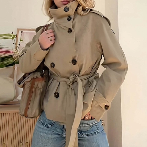 Vrouwen Elegant Vintage Effen Kleur Korte Trenchcoat Jas Met Riem Double Breasted Opstaande Kraag Casual Outwear