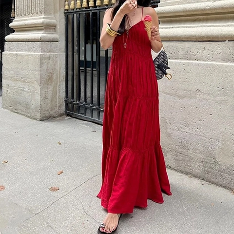 Women Elegant Solid Color Spaghetti Strap Tiered Maxi Dress Sleeveless Ruched High Waist Summer Vacation Bohemian Long Dress
