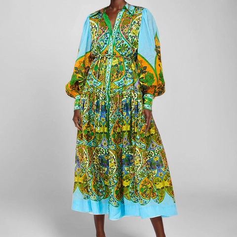 Palace Print V-Neck Lantern Sleeve Maxi Dress Bohemian Elegant Long Holiday Party Women Clothing Spring Fashion Large Swing
