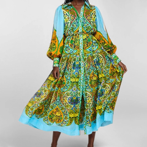 Palace Print V-Neck Lantern Sleeve Maxi Dress Bohemian Elegant Long Holiday Party Women Clothing Spring Fashion Large Swing