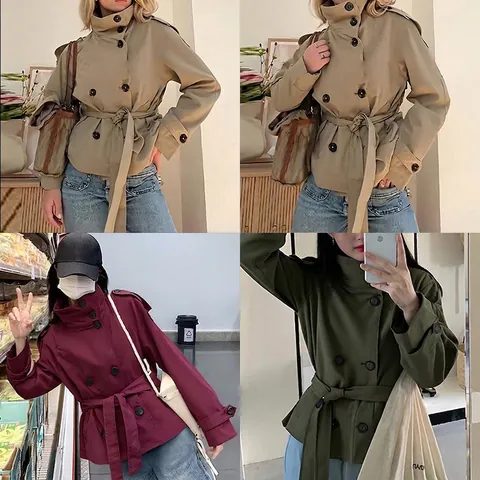 Vrouwen Elegant Vintage Effen Kleur Korte Trenchcoat Jas Met Riem Double Breasted Opstaande Kraag Casual Outwear