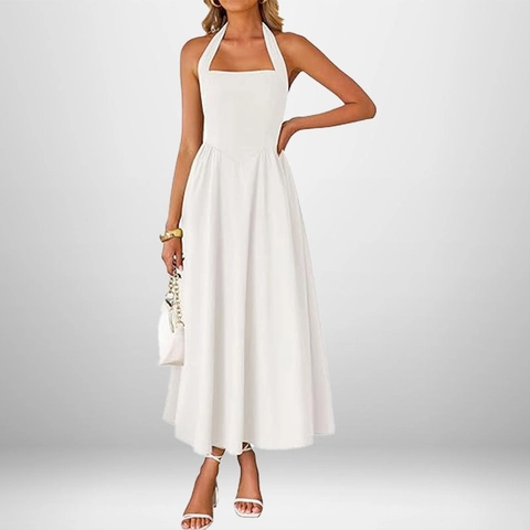 Women Halter Backless Maxi Dress Elegant Sleeveless A-Line Solid Color Summer Vacation Long Dress For Women Casual Party