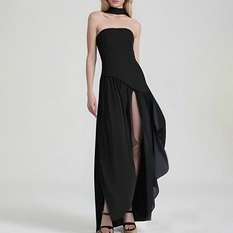 Vestito Maxi a Tinta Unita da Donna Scollo a V in Poliestere Manica a Pipistrello Orlo Spaccato Coulisse in Vita Abito Lungo Casual