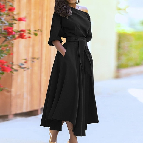 Elegantes Damen Schulterfrei Maxi Kleid Mit Taillenbindung Langarm Einfarbig A-Linie Abendkleid Mit Taschen Mode Sommerkleid