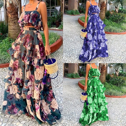 Conjunto De Top Y Falda Para Mujer Estampado Floral Tropical Elegante Top Corto De Camisola Con Volantes Falda Maxi De Capas Talle Alto Vestido Bohemio