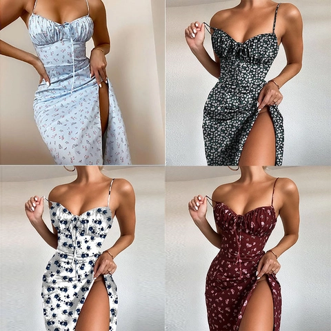 Women Sexy Floral Print Cami Dress High Waist Sleeveless Elegant Ruched Drawstring Midi Party Vacation Slit Sundress