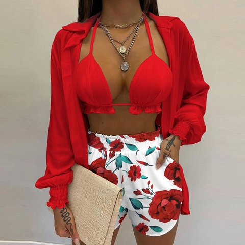 Tenue de Plage Femme Sexy Vacances Chemise Haut Et Short Bikini Licou Taille Haute Bas Manches Longues Cover Up Imprimé Floral Vêtements