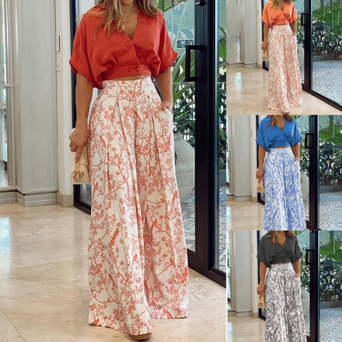Γυναικείο Casual Top με Λαιμόκοψη V και Κοντό Μανίκι και Παντελόνα με Ψηλή Μέση Floral Print Μόδα Σετ