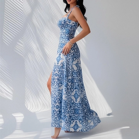 Sexy Donna Spalline Sottili Blu Bianco Stampa Piastrelle Spacco Alto Boho Abito Maxi Vacanza Spiaggia Schiena Scoperta