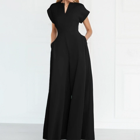 Damen Eleganter Einfarbiger High Waist V-Ausschnitt Kurzarm Weites Bein Jumpsuit Polyester Casual Commuter Lange Hose Mit Taschen