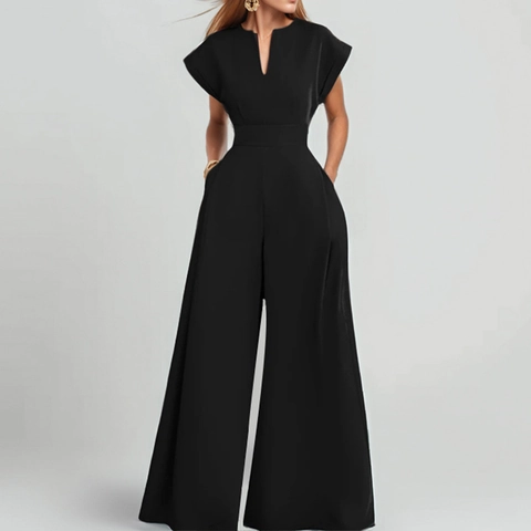 Dames Elegante Effen Kleur V-hals Wijde Pijp Jumpsuit Polyester Korte Mouw Hoge Taille Romper Met Zakken Voor Zomer Feest