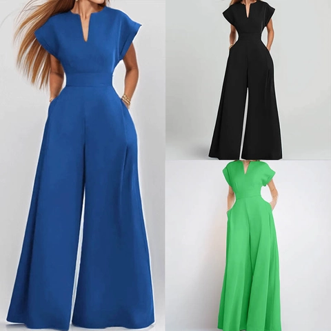 Tuta Intera da Donna Elegante Scollo a V Manica Corta Gamba Larga Tinta Unita Vita Alta Poliestere Tute per Ufficio Lavoro Donna
