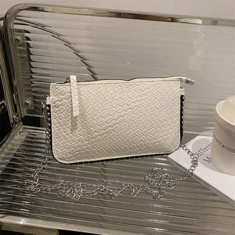 Damen Mode Geflochten Schultertasche Silber Nieten PU Leder Clutch Umschlag Kette Tasche Täglich Party Umhängetasche