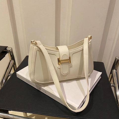 Bolso de Axila para Mujer de Cuero PU Bolso de Hombro Cuadrado Pequeño Con Hebilla de Metal Dorado Bolso de Mano Retro