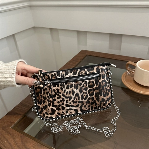 Women Retro Metallic Leopard Print Shoulder Bag Rivet Studded Crossbody Chain Bag PU Leather Small Square Handbag Purse
