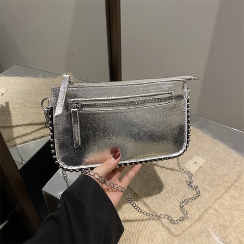 Women Retro Metallic Leopard Print Shoulder Bag Rivet Studded Crossbody Chain Bag PU Leather Small Square Handbag Purse