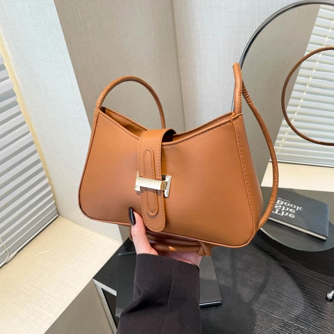 Bolso de Axila de Cuero PU Retro para Mujer Color Sólido Bolso de Hombro con Hebilla Metálica Correa de Nudo Bolso de Moda