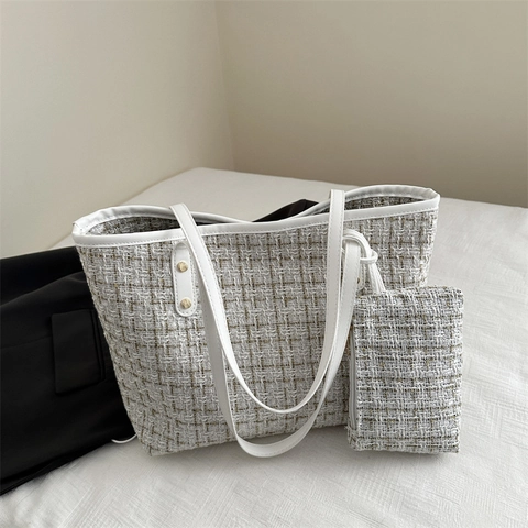 Women Fashion Tweed Tote Bag With Small Pouch Large Capacity Plaid Shoulder Bag Elegant Retro Office Daily Handbag