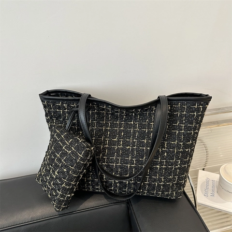 Women Fashion Tweed Tote Bag With Small Pouch Large Capacity Plaid Shoulder Bag Elegant Retro Office Daily Handbag