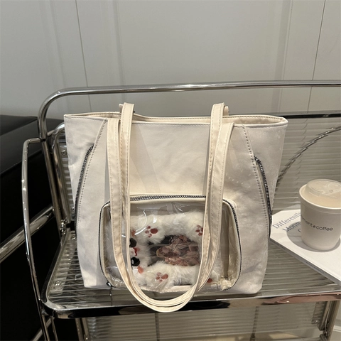 Japanese Style Cute Ita Bag For Women Clear Window PU Leather Large Capacity Tote Bag Shoulder Crossbody Handbag For Daily Use